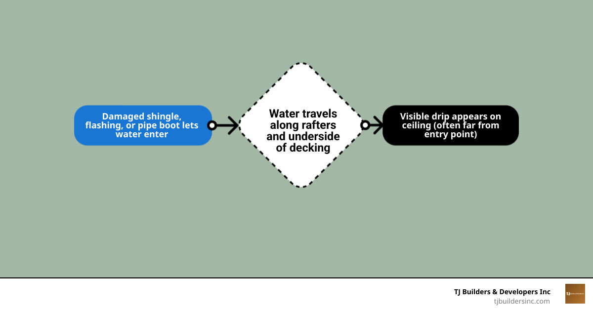 Diagram showing path of a roof leak from damaged shingle through decking to ceiling stain infographic