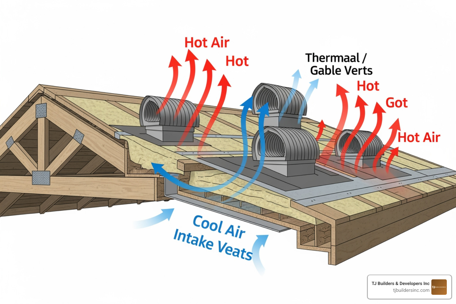 Thermal buoyancy and attic airflow patterns showing hot air rising and cool air entering Thermal buoyancy and attic airflow patterns showing hot air rising and cool air entering