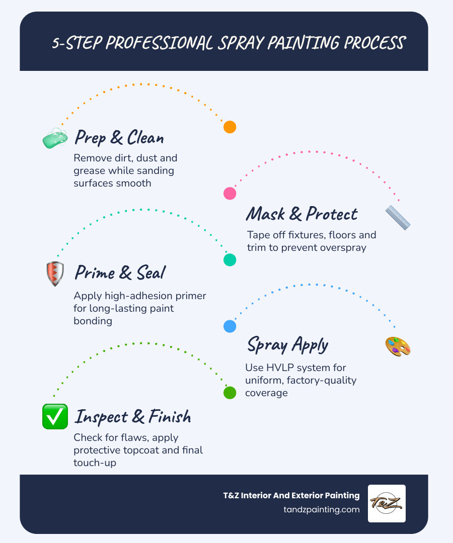 5-step professional spray painting process from surface preparation to final inspection infographic