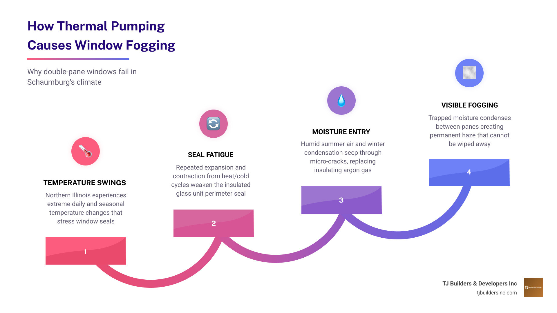 Infographic showing how thermal pumping causes window seal failure and fogging in double-pane windows infographic Infographic showing how thermal pumping causes window seal failure and fogging in double-pane windows infographic