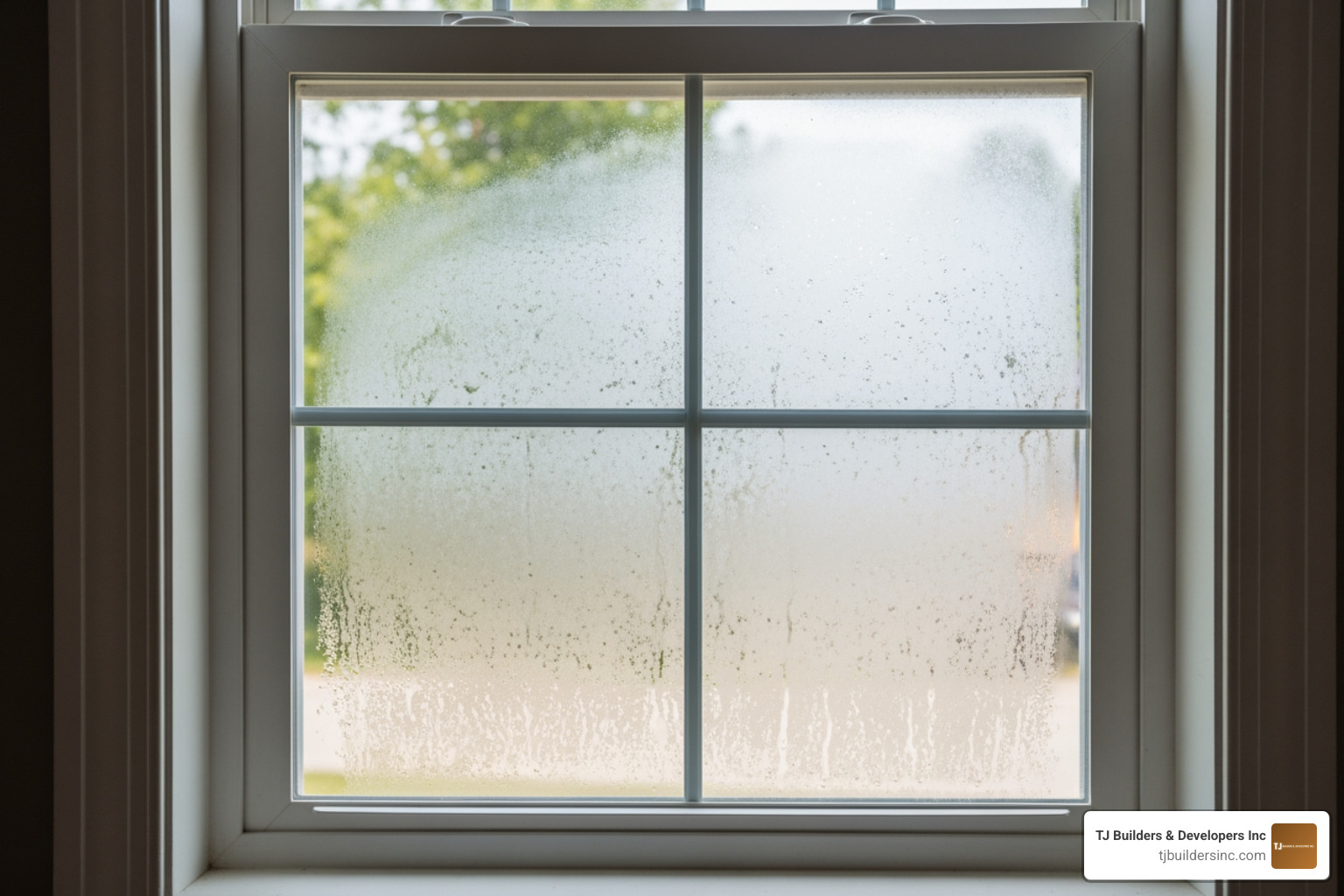 Moisture trapped between glass panes in a failing window unit Moisture trapped between glass panes in a failing window unit
