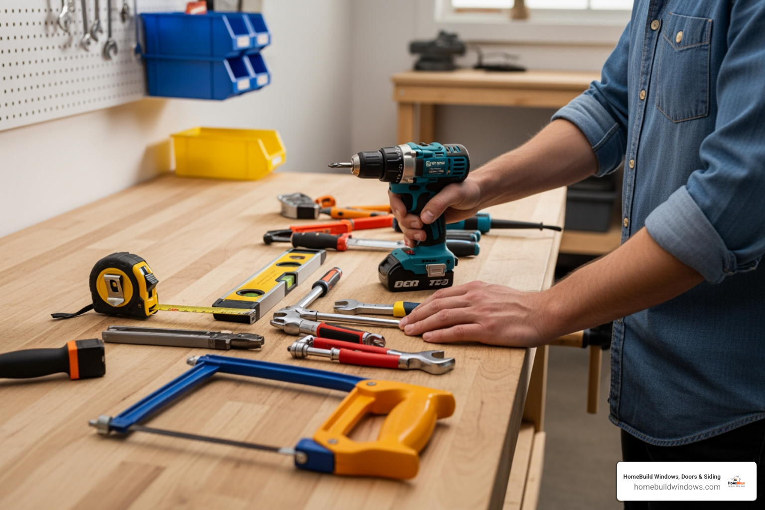Homeowner organizing tools: tape measure, power drill, level, and hacksaw on a workbench