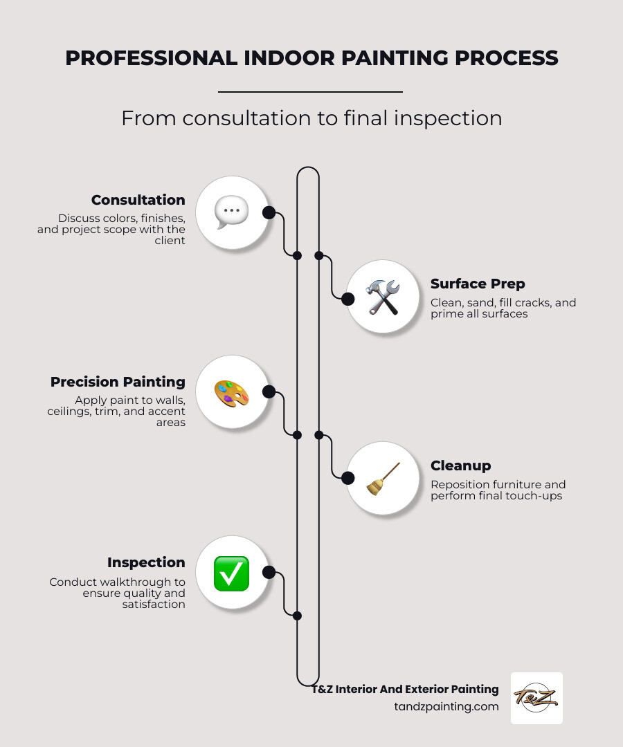 4-step professional indoor painting process: consultation, surface prep, painting, cleanup and inspection infographic 4-step professional indoor painting process: consultation, surface prep, painting, cleanup and inspection infographic