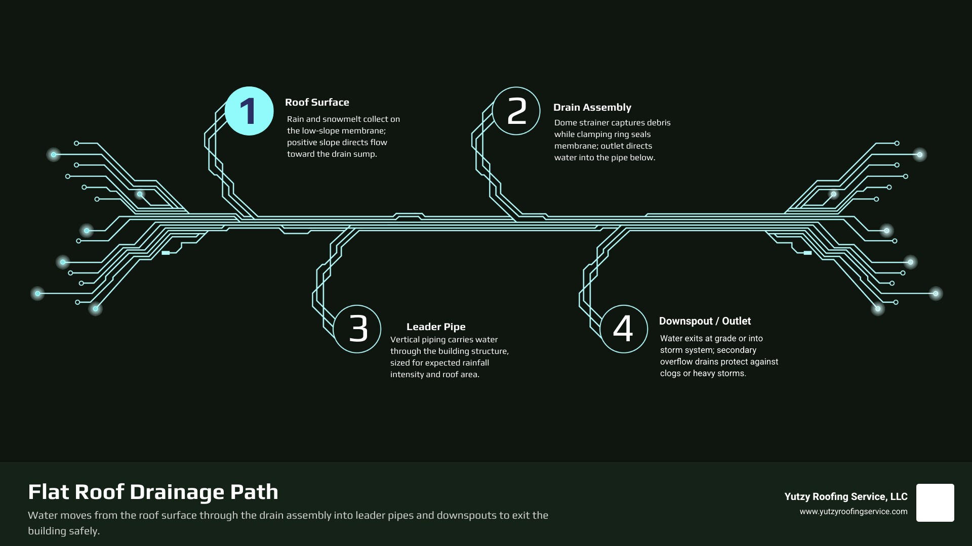 How water moves from flat roof surface through drain, scupper, gutter, and downspout to ground infographic How water moves from flat roof surface through drain, scupper, gutter, and downspout to ground infographic