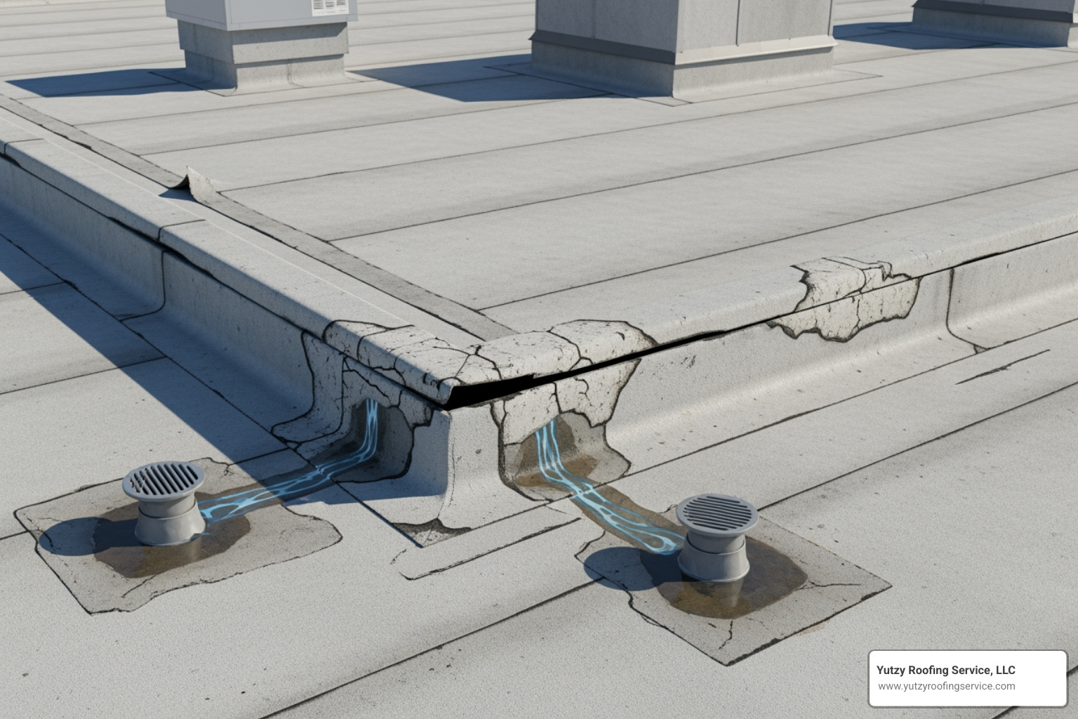 Illustration of common flat roof failure points including seams, curbs, and drains Illustration of common flat roof failure points including seams, curbs, and drains