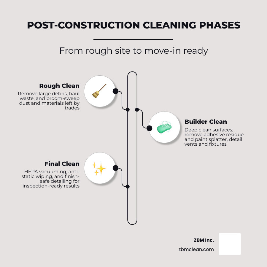 Rough clean vs builder clean vs final clean phases in post-construction cleaning process infographic Rough clean vs builder clean vs final clean phases in post-construction cleaning process infographic