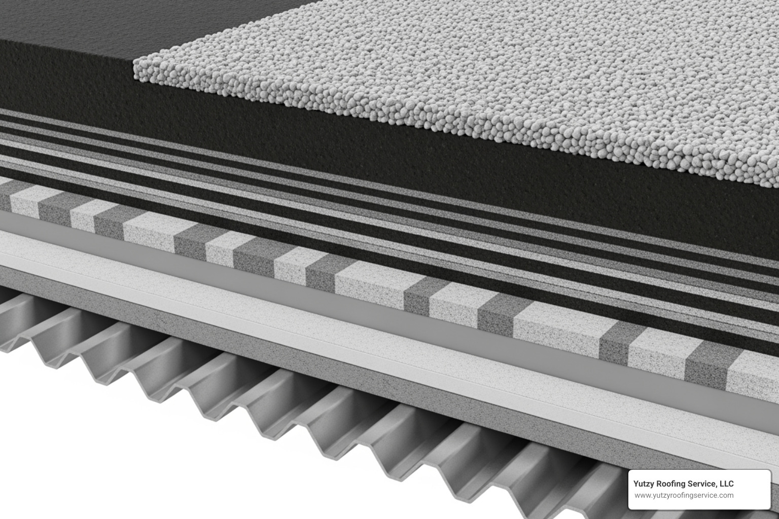 BUR roof cross section with gravel, asphalt plies, felt, insulation, and deck BUR roof cross section with gravel, asphalt plies, felt, insulation, and deck