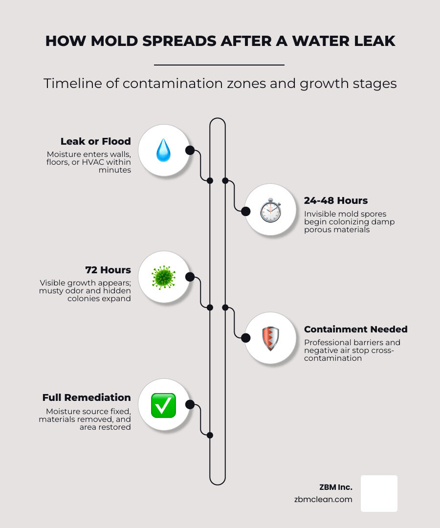 How mold spreads through a building after a water leak — timeline and contamination zones infographic How mold spreads through a building after a water leak — timeline and contamination zones infographic