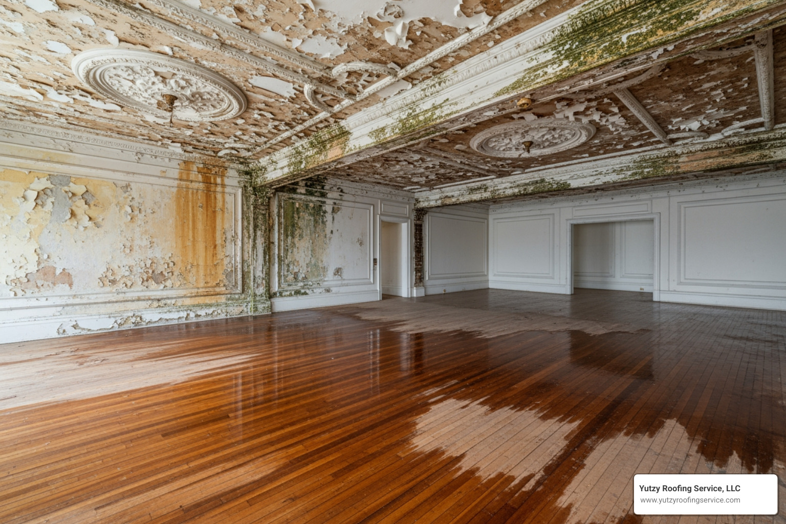 Water damage in a historic commercial interior caused by a failed roof Water damage in a historic commercial interior caused by a failed roof