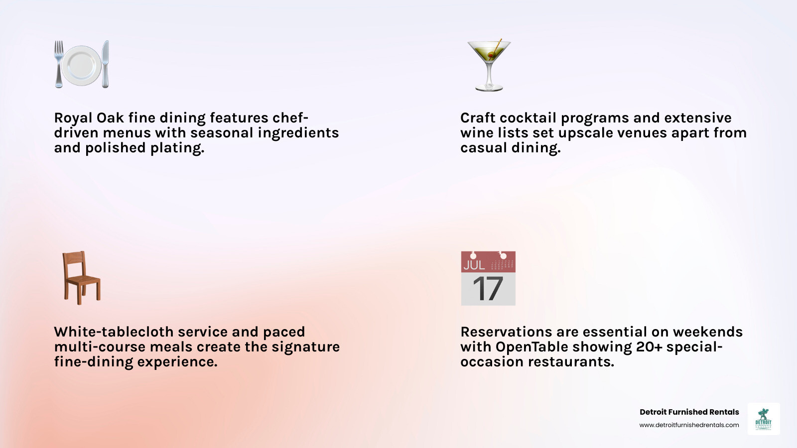 Infographic comparing Royal Oak fine dining vs casual dining: service style, price range, menu type, reservation needs, and