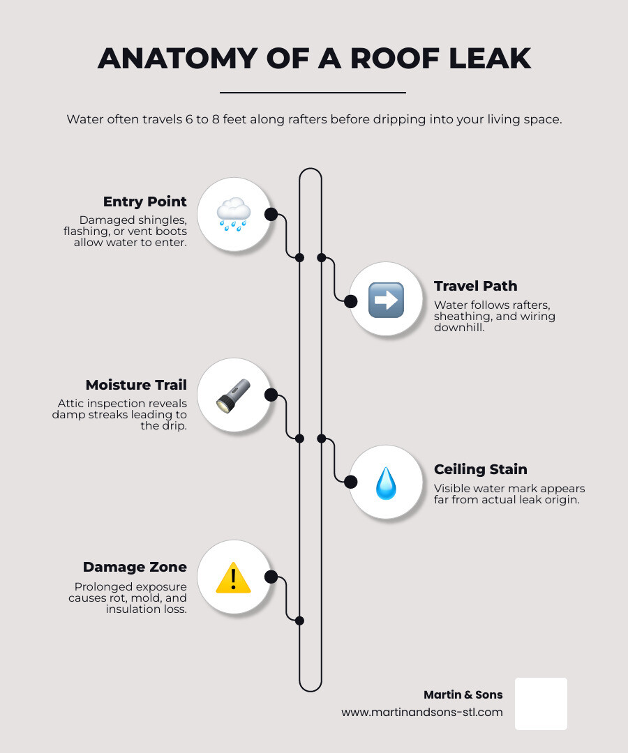 Anatomy of a roof leak showing water entry points, travel paths along rafters, and interior drip locations infographic Anatomy of a roof leak showing water entry points, travel paths along rafters, and interior drip locations infographic