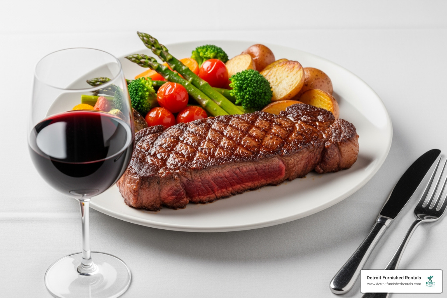 A perfectly seared New York strip steak with seasonal vegetables and a glass of red wine