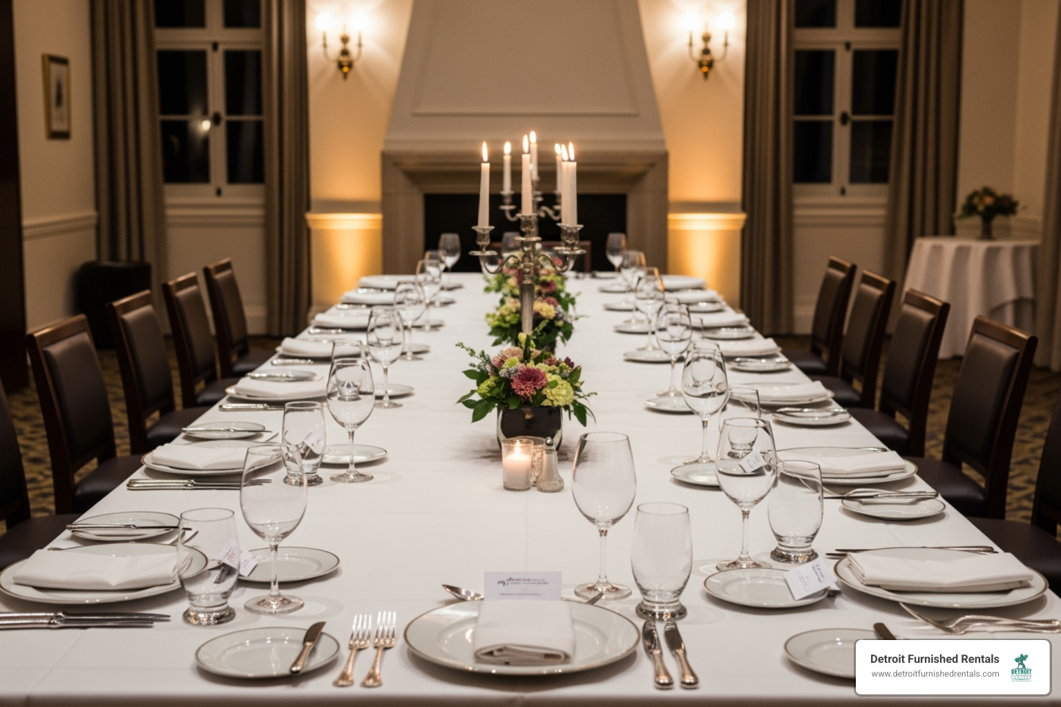 A private dining room set up for a corporate event with white linens and wine glasses