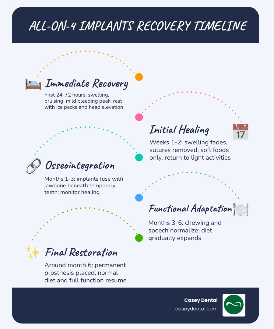 All on 4 implants recovery timeline infographic from surgery day to final restoration at 6 months infographic