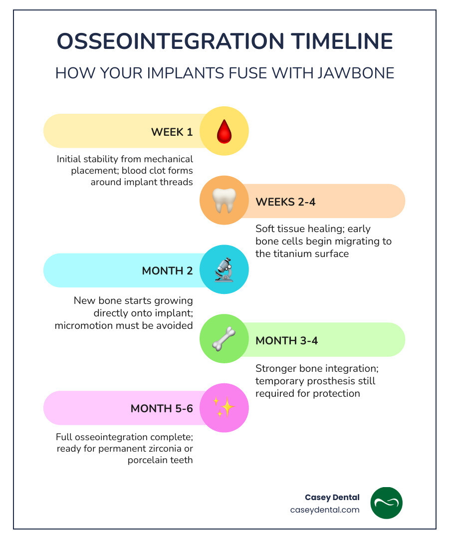 Infographic showing the biological process of a titanium implant fusing with human jawbone over 4 months infographic