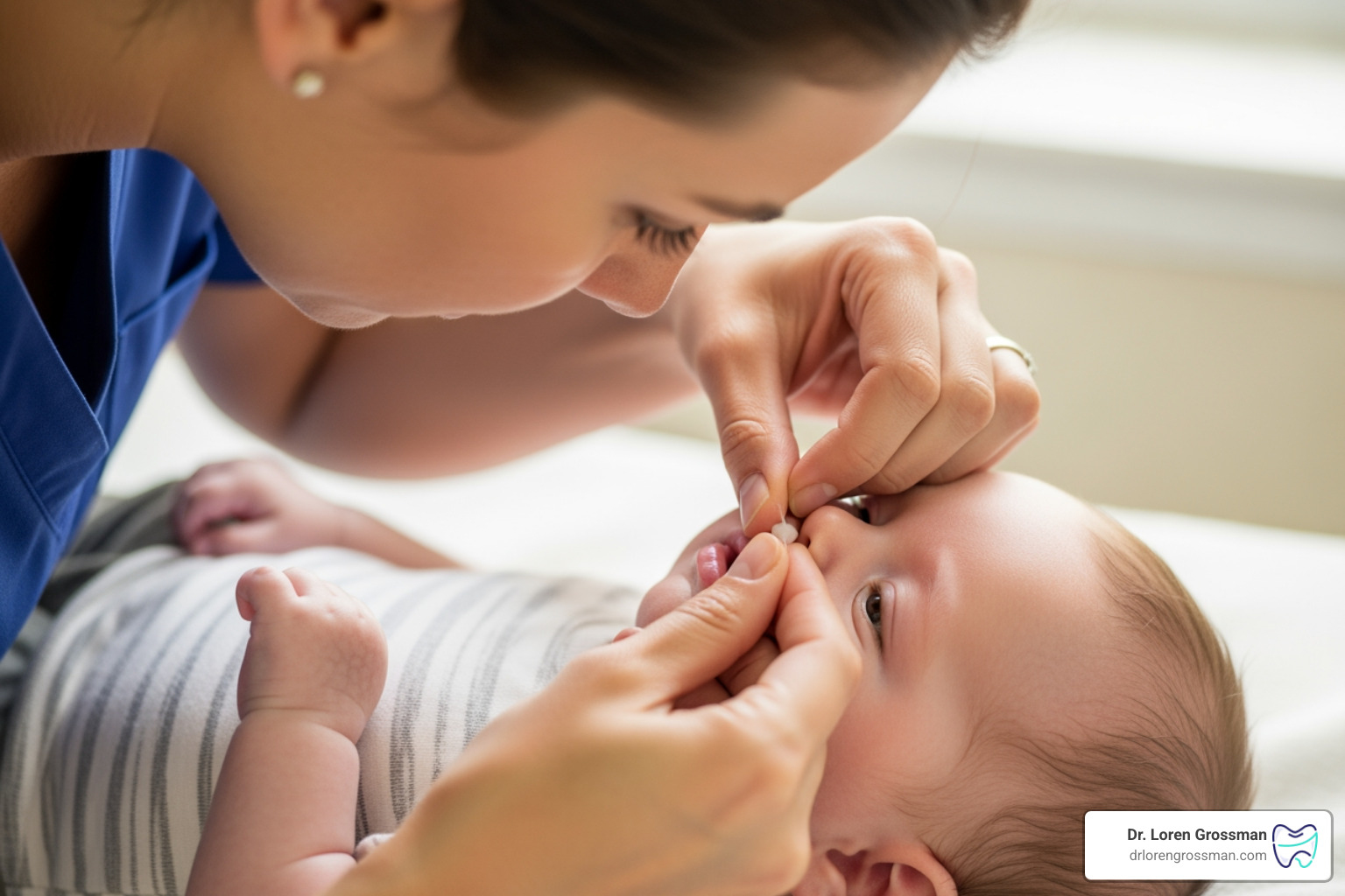 Provider performing a lip lift evaluation on an infant