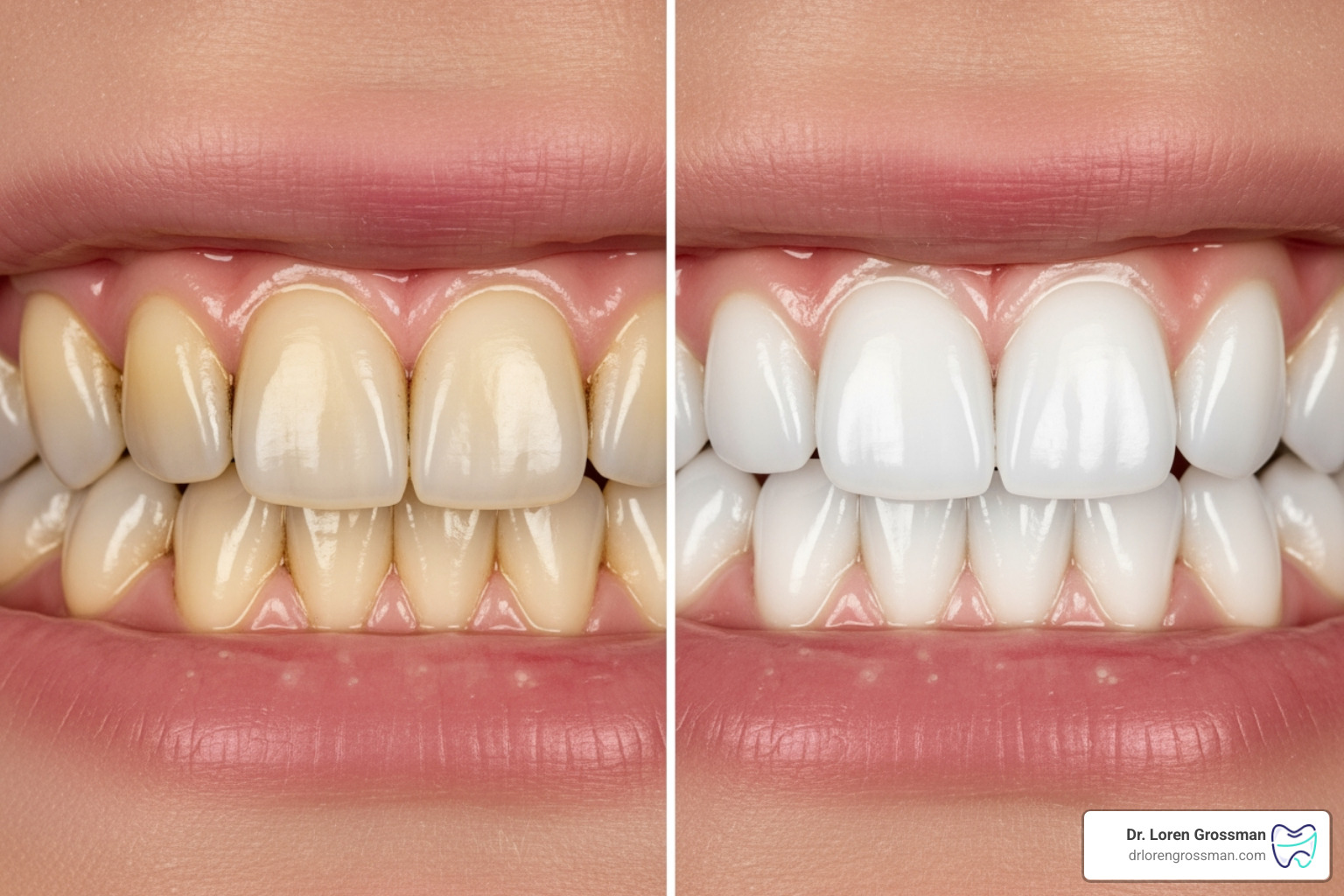 A side-by-side comparison of yellowed teeth vs. bright white teeth after professional treatment