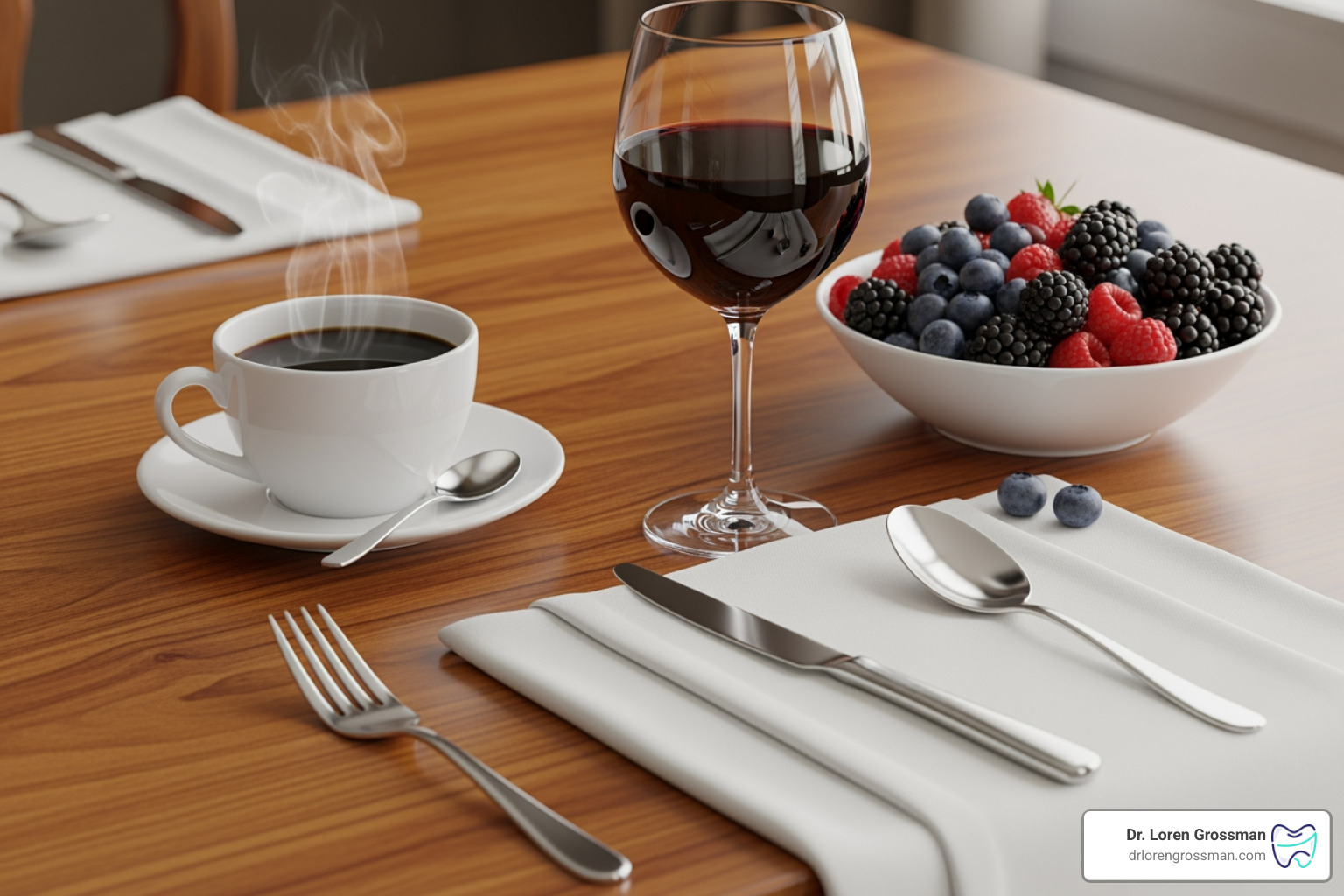 A table setting with coffee, red wine, and berries, showing common teeth-staining culprits