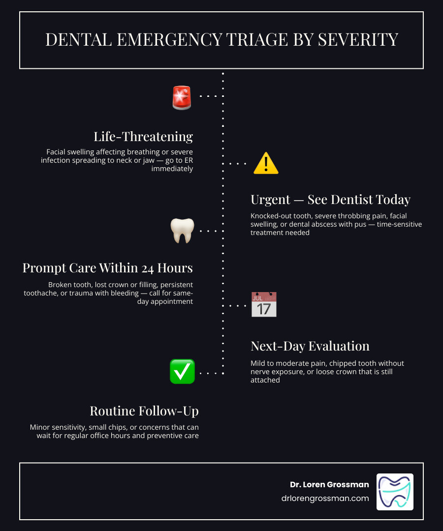 Dental emergency triage infographic showing severity levels from mild toothache to life-threatening abscess infographic