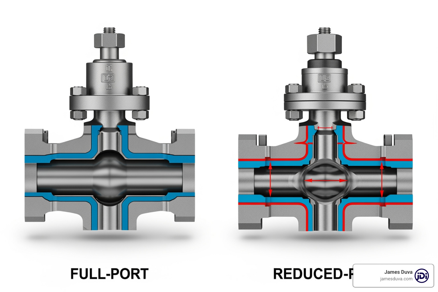 Cross-section comparison of full port and reduced port ball valves