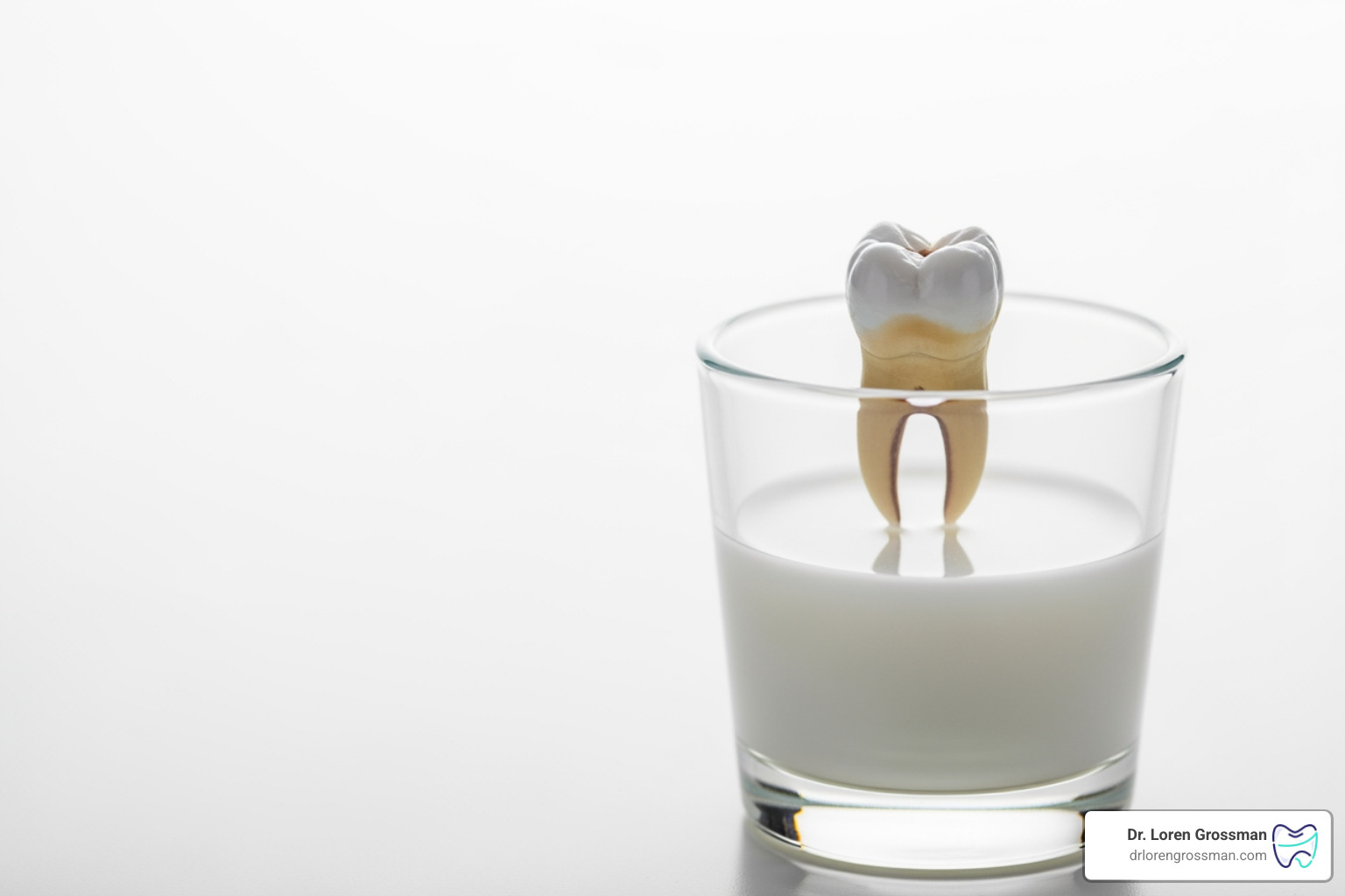 A knocked-out permanent tooth being safely preserved in a glass of milk