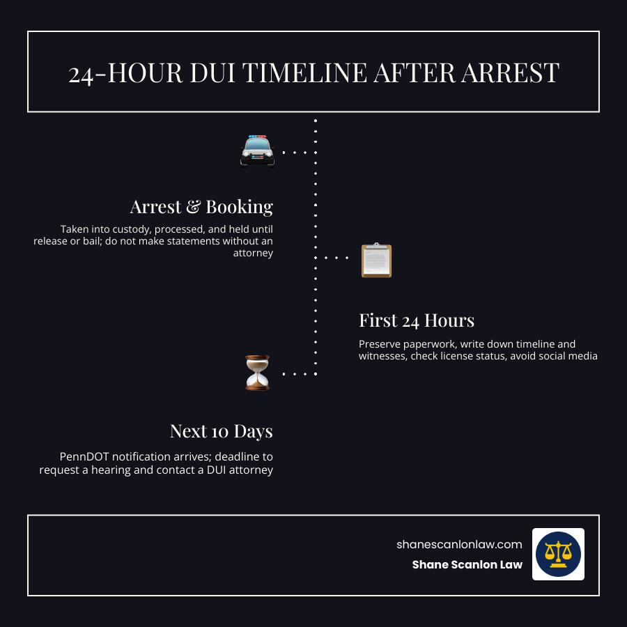 24-hour DUI timeline in Scranton PA showing arrest, paperwork, attorney contact, and PennDOT deadlines infographic 24-hour DUI timeline in Scranton PA showing arrest, paperwork, attorney contact, and PennDOT deadlines infographic
