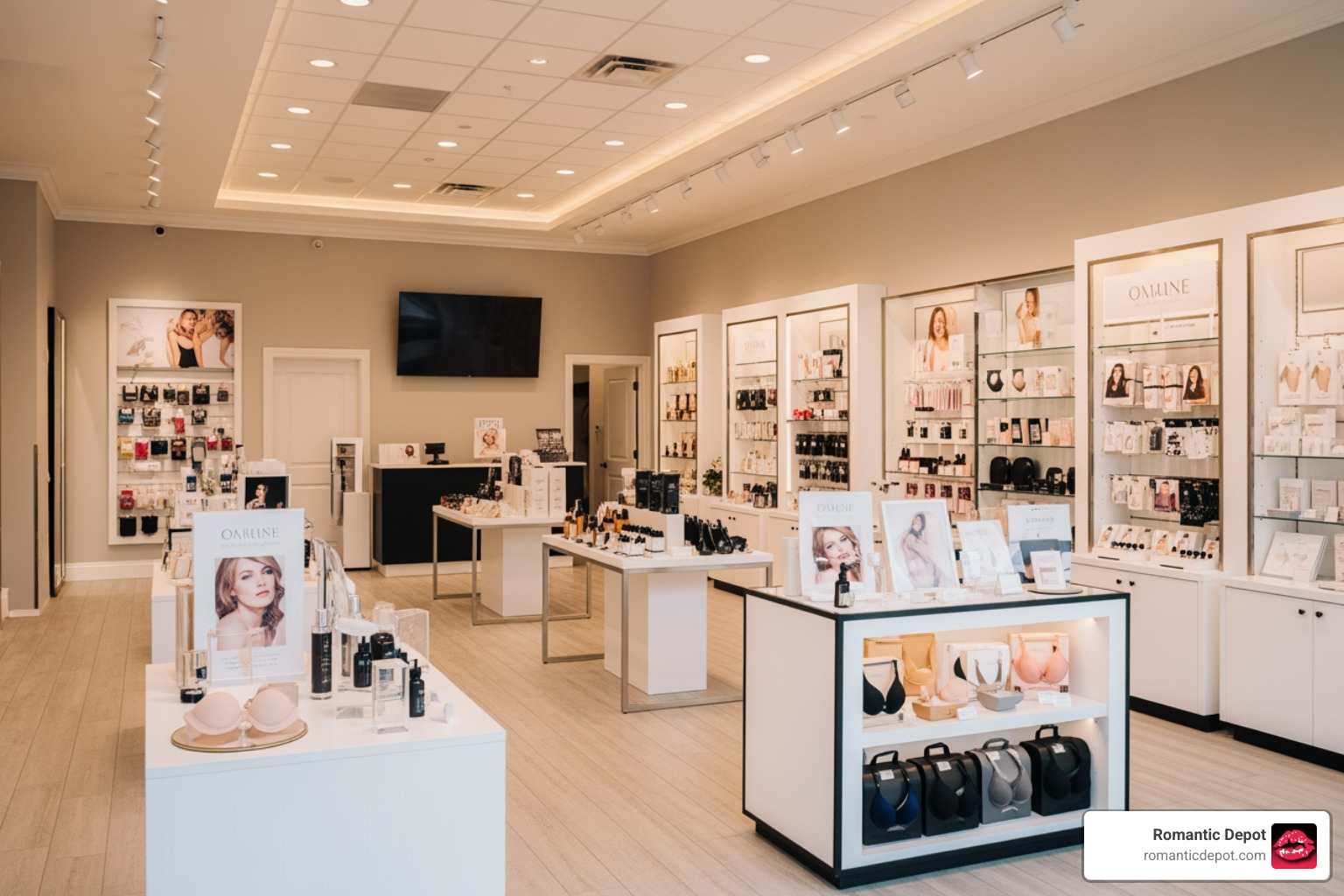 A bright, clean, and welcoming interior of a modern adult boutique A bright, clean, and welcoming interior of a modern adult boutique