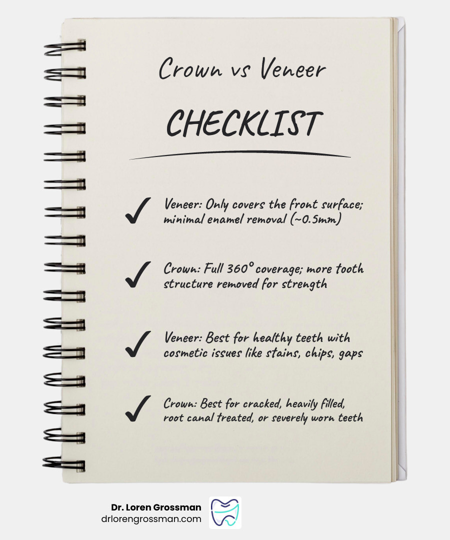 Infographic comparing dental crown vs veneer coverage, enamel removal, and best use cases infographic