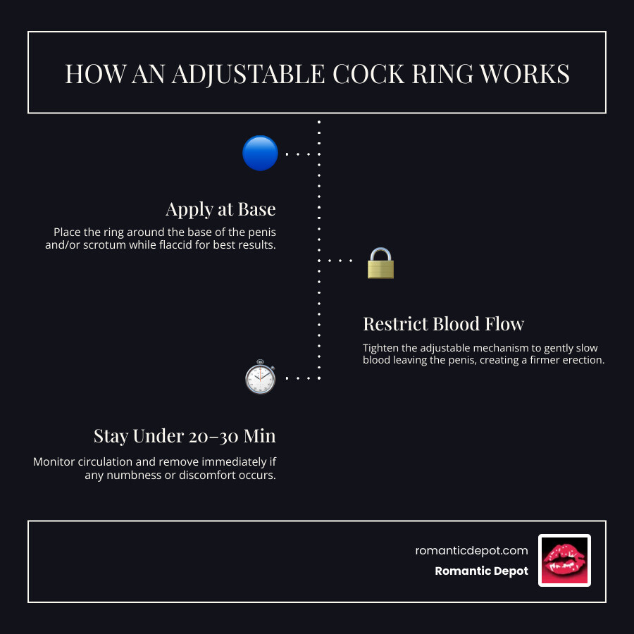 Infographic showing how adjustable cock rings work: blood flow restriction, fit range, safe wear time, and adjustment