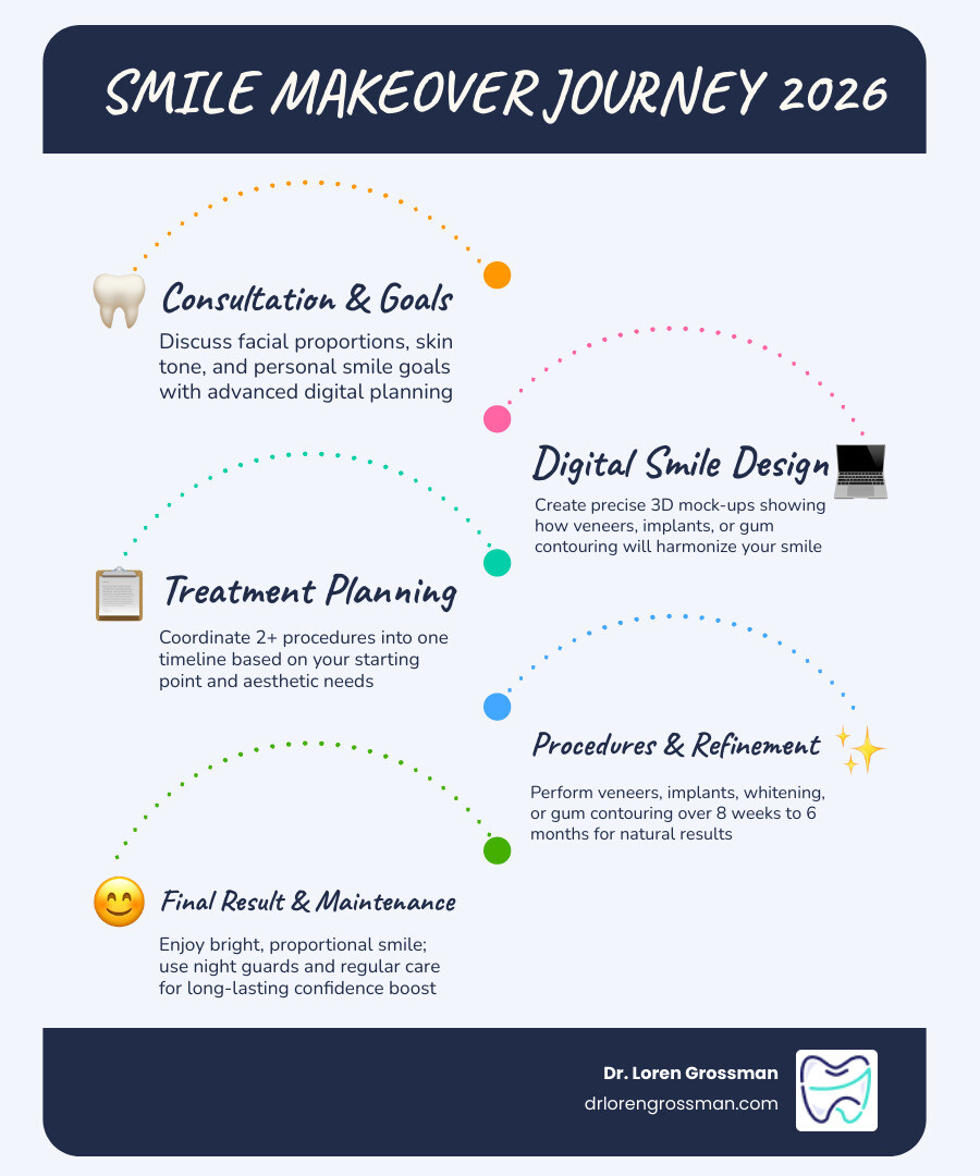 Steps in a smile makeover journey from consultation to final result in 2026 infographic