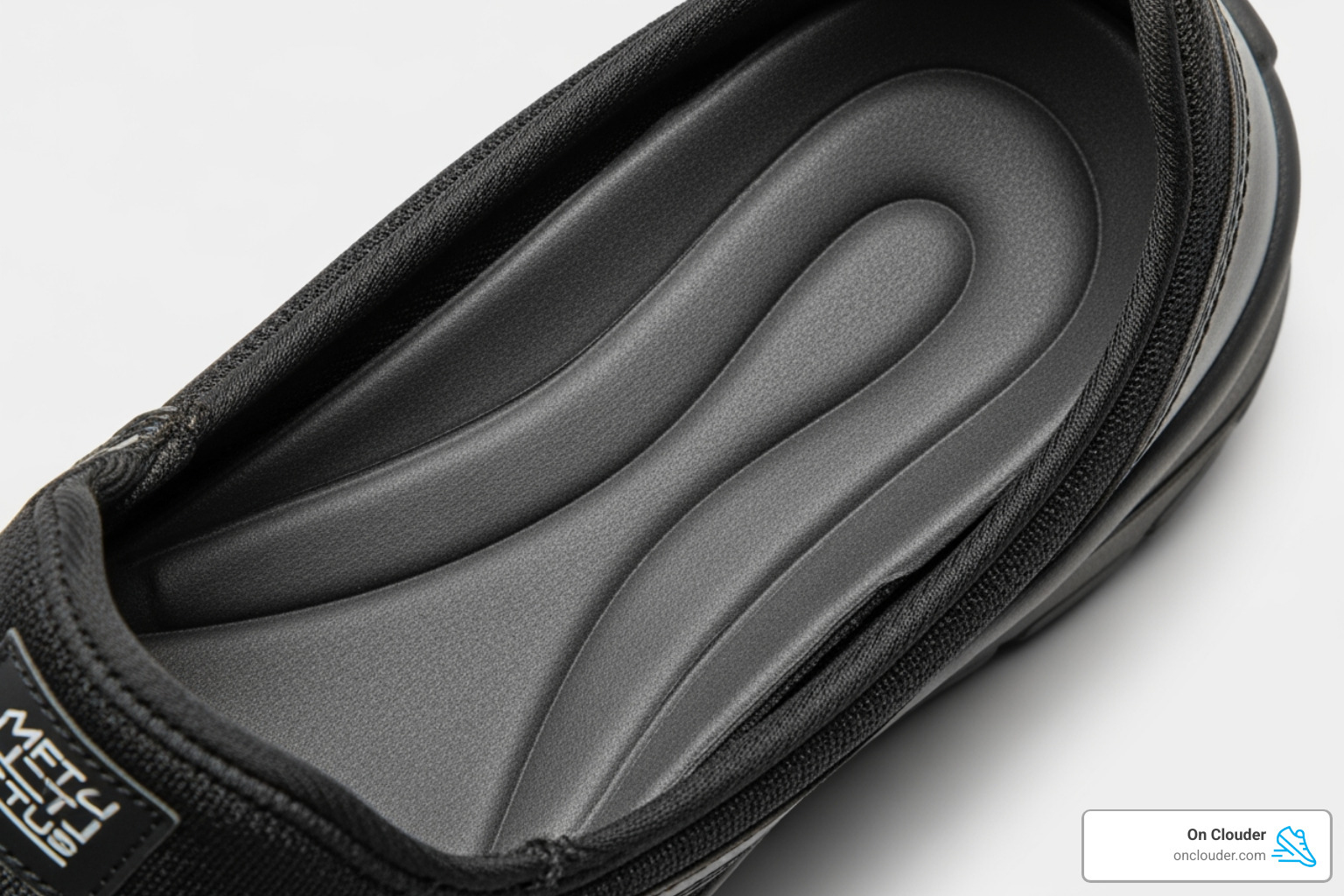 shoe interior showing arch support and thick cushioning shoe interior showing arch support and thick cushioning