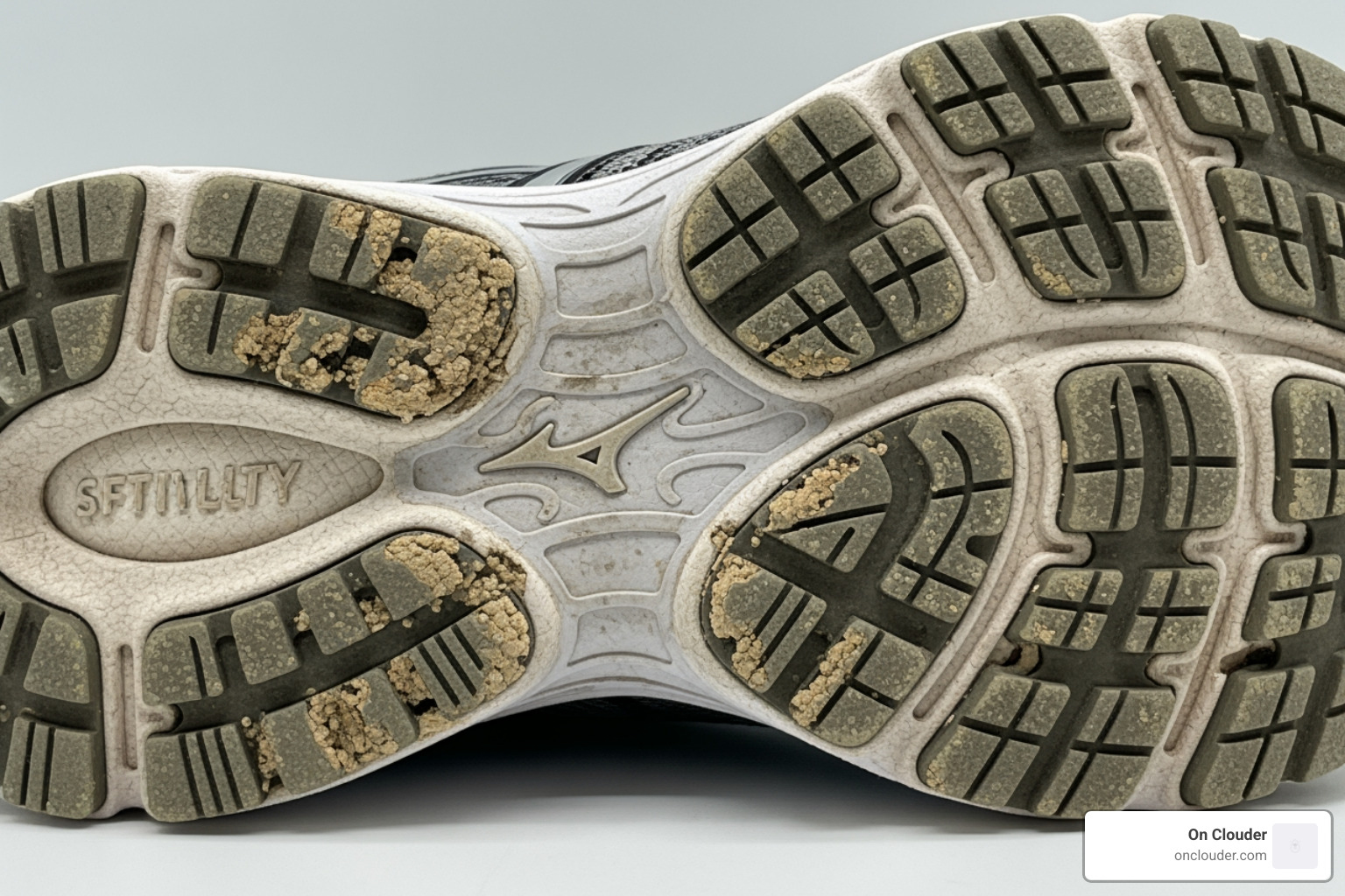 Close-up of shoe wear patterns on the inner sole and arch of a stability shoe Close-up of shoe wear patterns on the inner sole and arch of a stability shoe