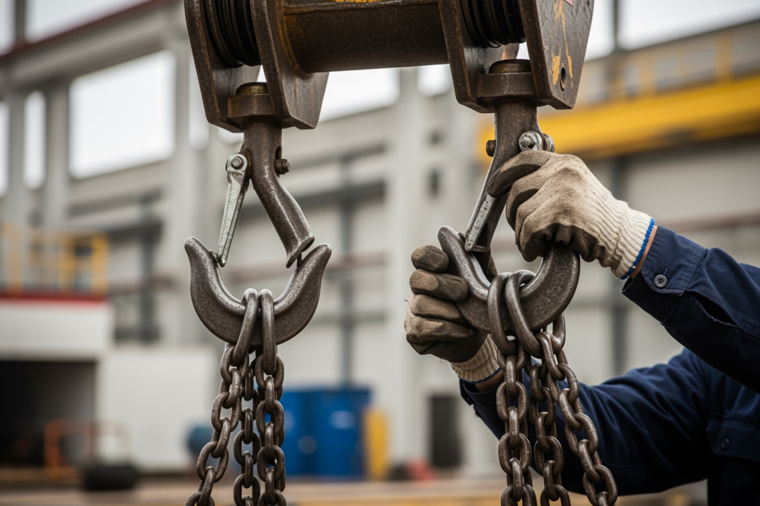 Close-up of rigging chains and hooks attached to heavy equipment, worker guiding load with gloves, industrial setting