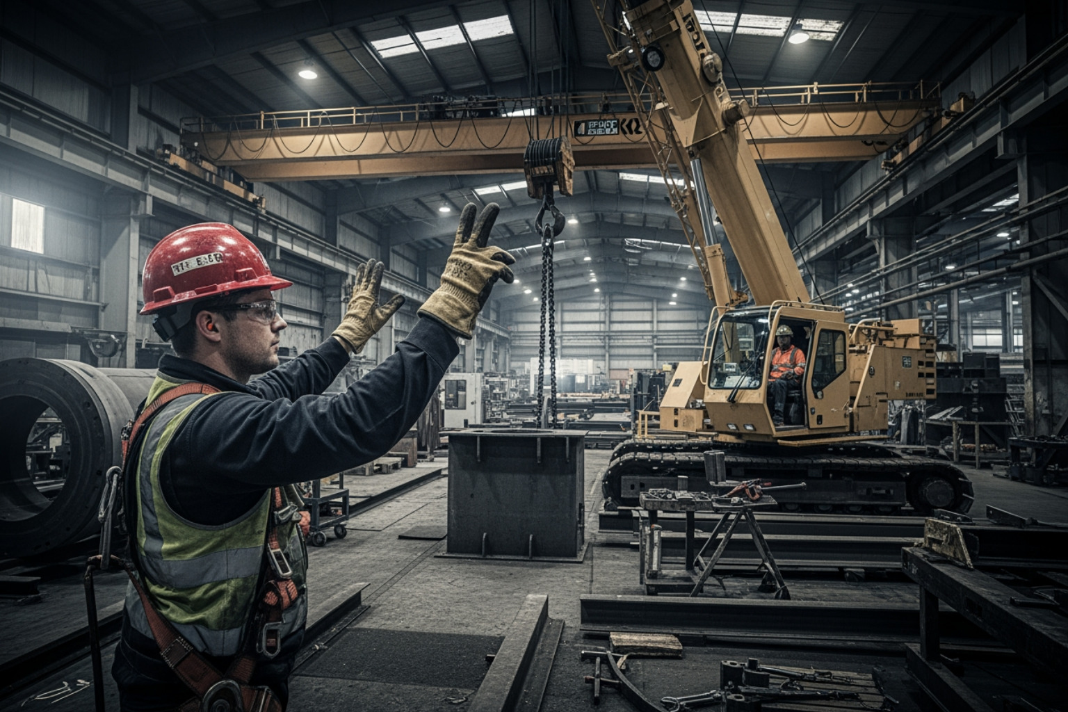 Rigger using standardized hand signals to communicate with a crane operator in an industrial plant