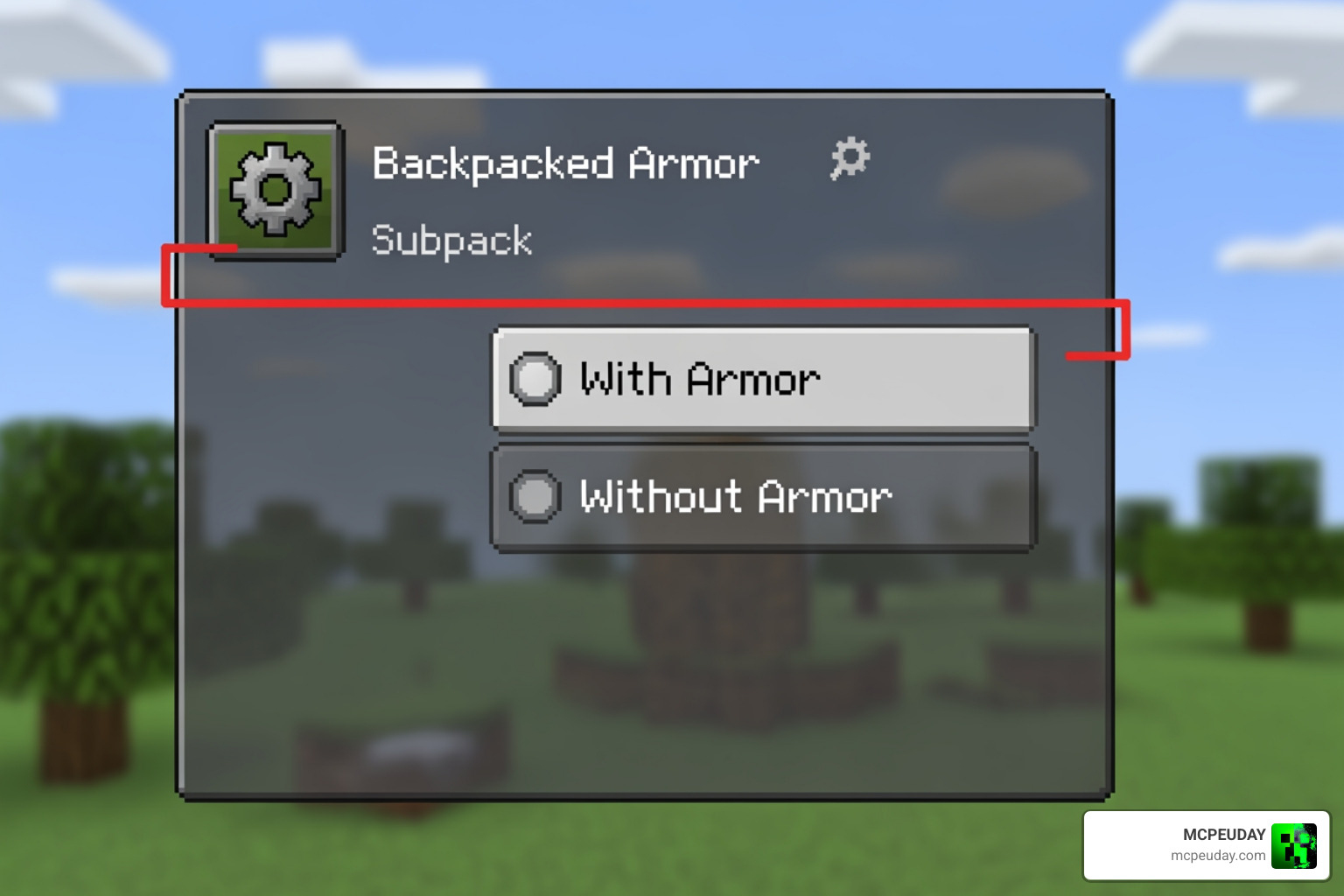 Subpack selection menu in Minecraft settings for Backpacked Armor