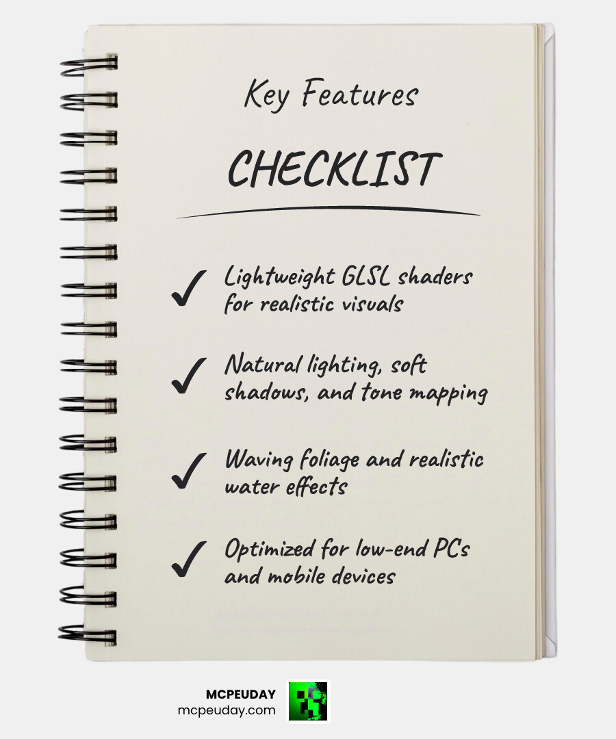 Naturalism Shaders key features, compatibility, and installation overview infographic infographic