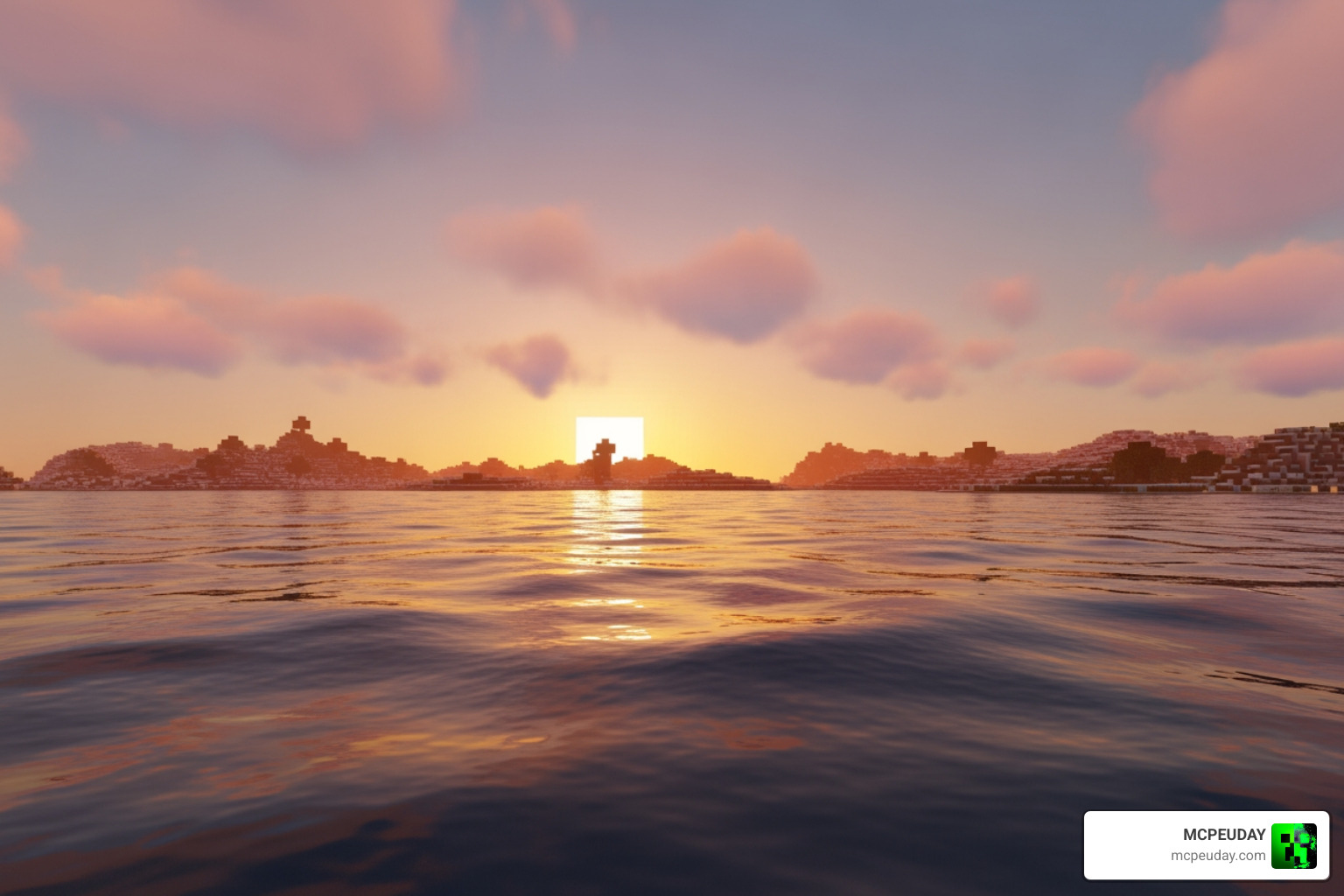 Sunset lighting over a Minecraft ocean using Naturalism Shaders