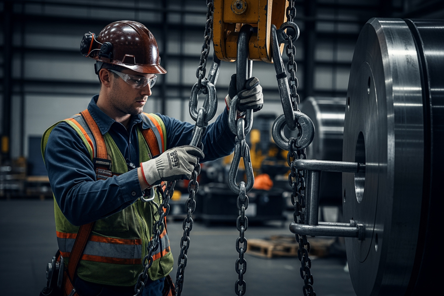 Industrial rigger performing a pre-lift safety inspection on chains and shackles