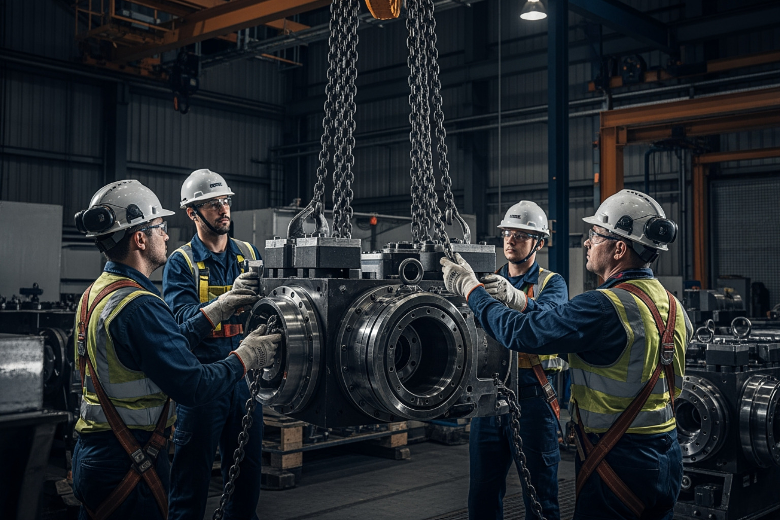 Industrial rigging crew carefully lifting heavy machinery inside a manufacturing facility using chains and crane