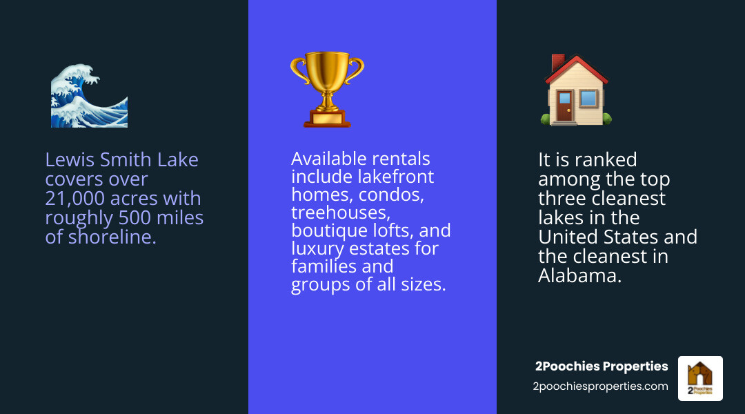 Infographic showing Smith Lake geography, shoreline miles, cleanliness ranking, and top rental types infographic