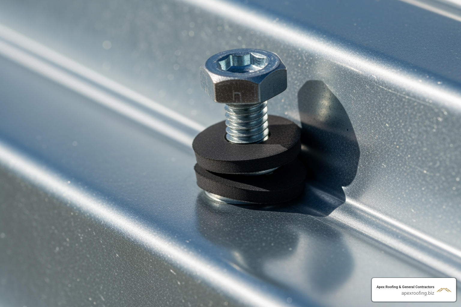 Close-up of a correctly driven roofing screw with the washer slightly compressed