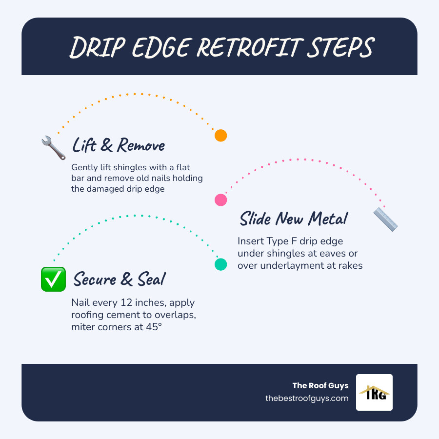Infographic showing how drip edge directs water from roof edge into gutters, with eave and rake installation sequence Infographic showing how drip edge directs water from roof edge into gutters, with eave and rake installation sequence