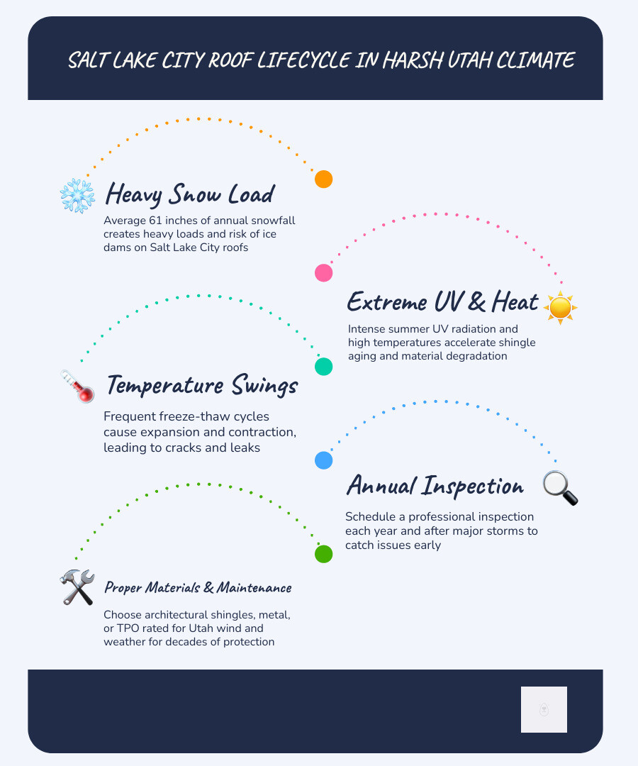 Infographic showing roof lifecycle stages in Utah climate, costs, inspection schedule, and material options infographic
