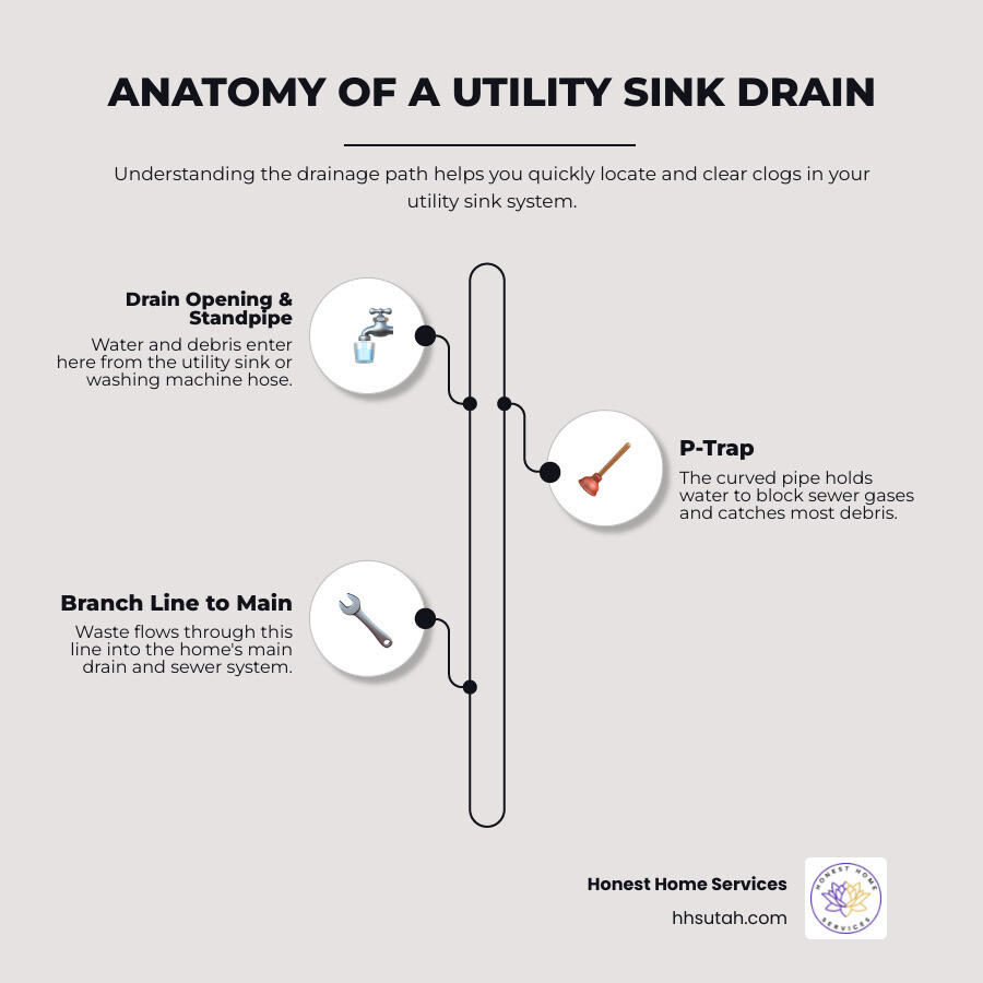 Anatomy of a utility sink drainage system showing P-trap, branch line, vent stack, and main line infographic Anatomy of a utility sink drainage system showing P-trap, branch line, vent stack, and main line infographic