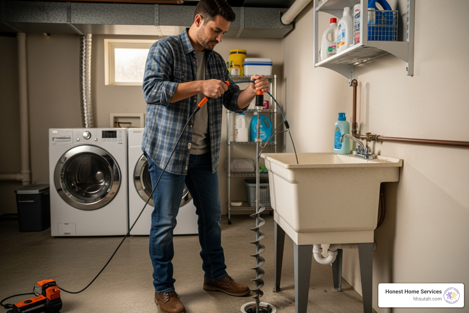 Homeowner using a hand auger to clear a utility sink drain Homeowner using a hand auger to clear a utility sink drain