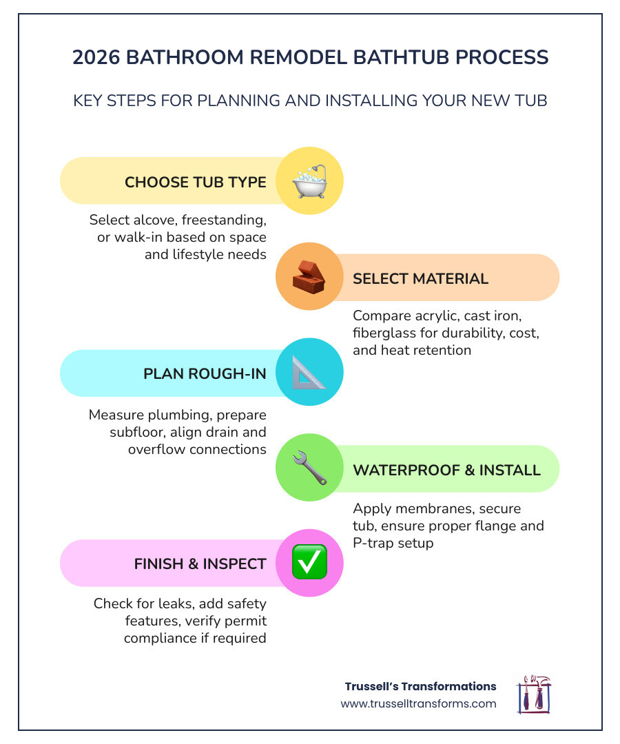 Infographic Showing 2026 Bathroom Remodel Bathtub Process: Choose Tub Type, Select Material, Plan Rough-In, Install Infographic Showing 2026 Bathroom Remodel Bathtub Process: Choose Tub Type, Select Material, Plan Rough-In, Install