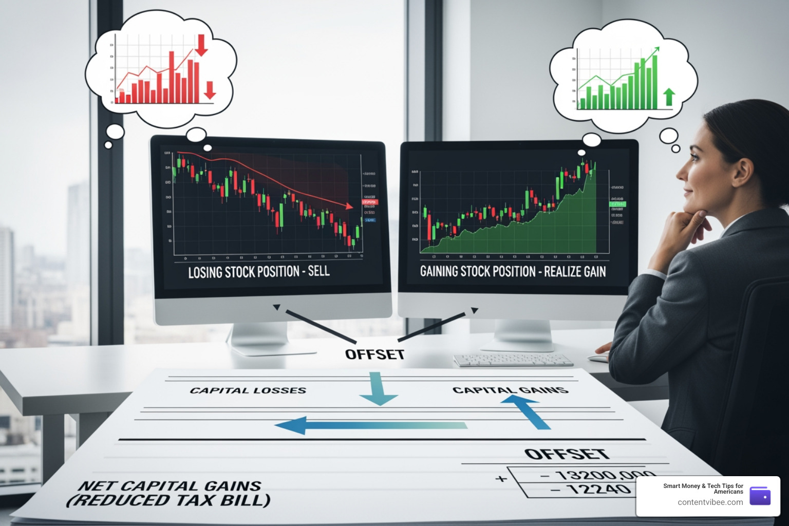 A conceptual diagram showing how tax-loss harvesting works: selling losing positions to offset gains and reduce the overall