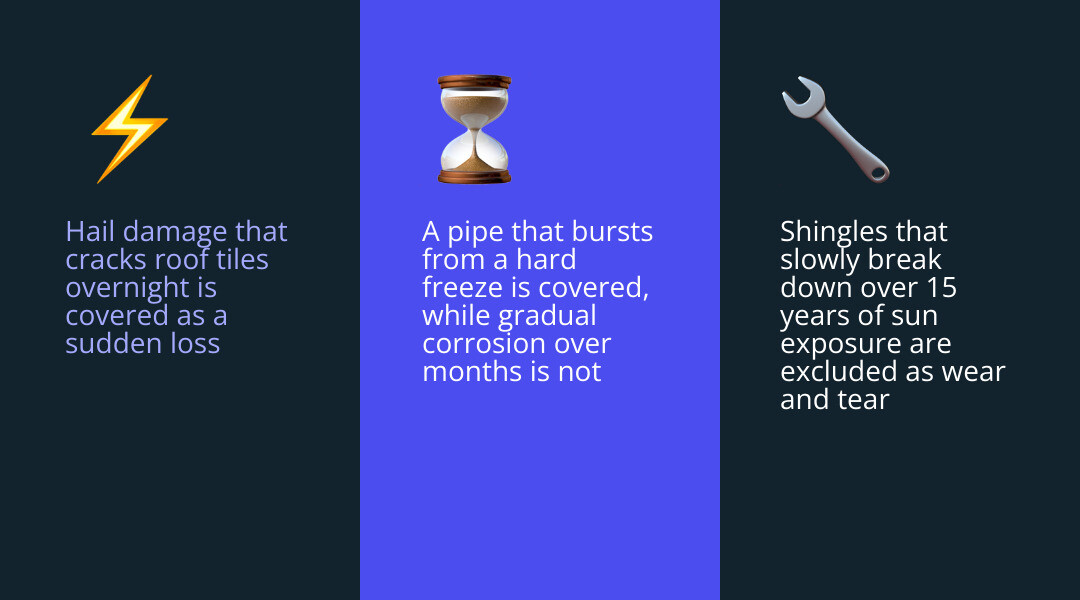 Infographic comparing sudden covered damage vs gradual wear and tear exclusions in homeowners insurance infographic Infographic comparing sudden covered damage vs gradual wear and tear exclusions in homeowners insurance infographic