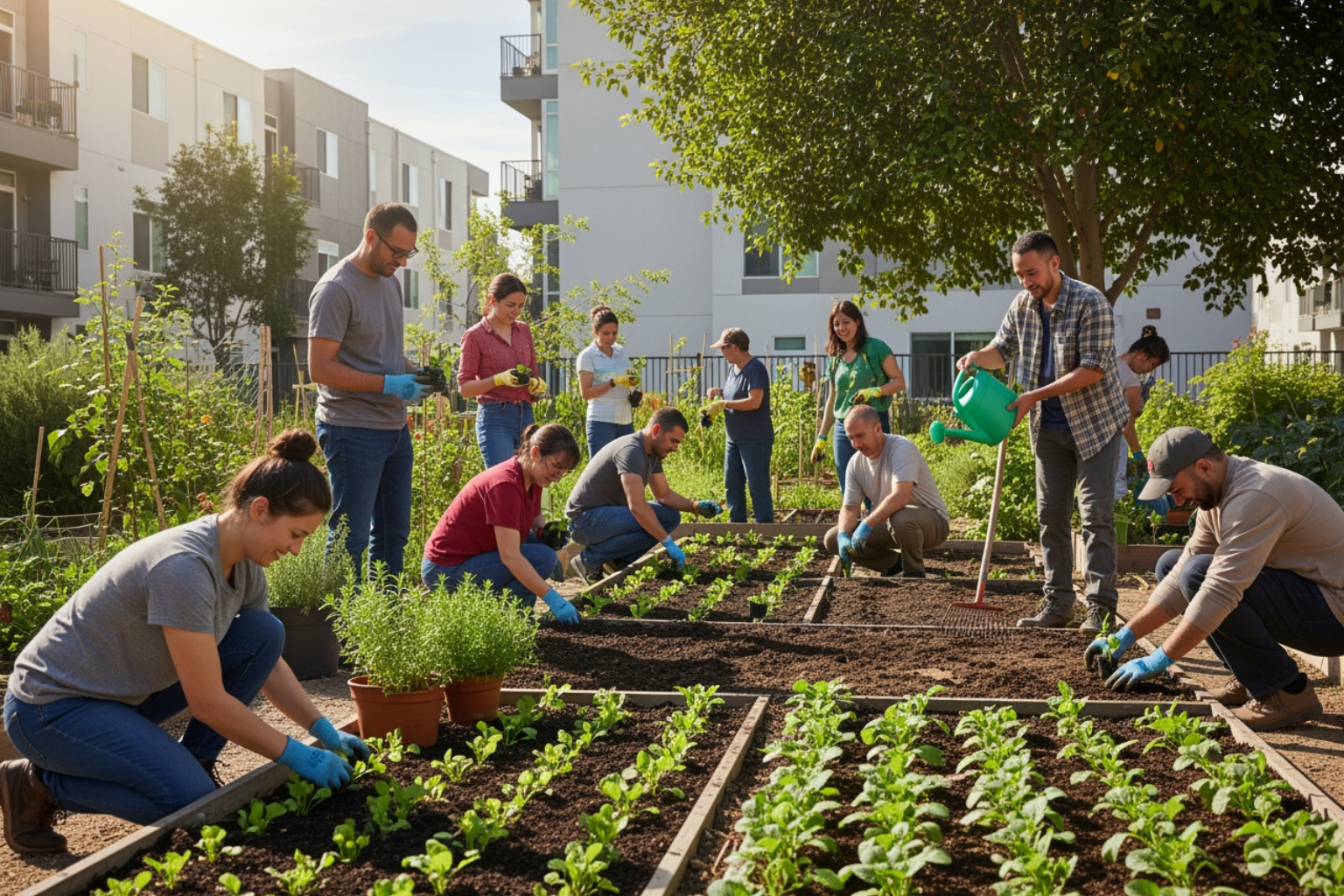 A diverse group of neighbors working together in a community garden at an affordable housing site A diverse group of neighbors working together in a community garden at an affordable housing site
