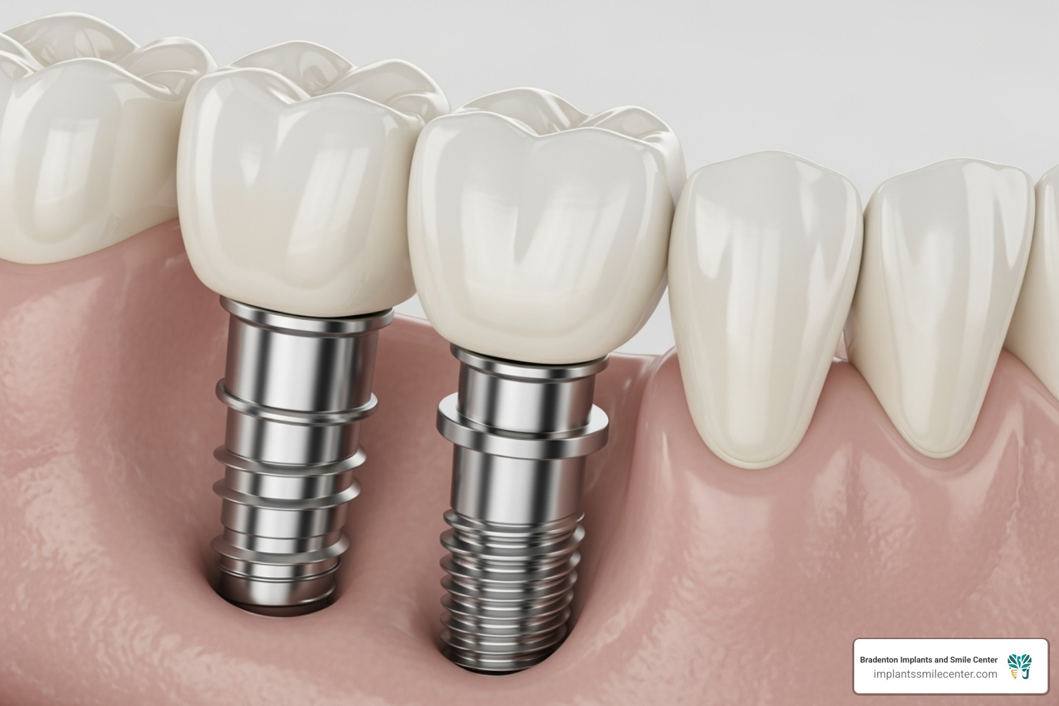 modern dental implant component showing the post, abutment, and crown